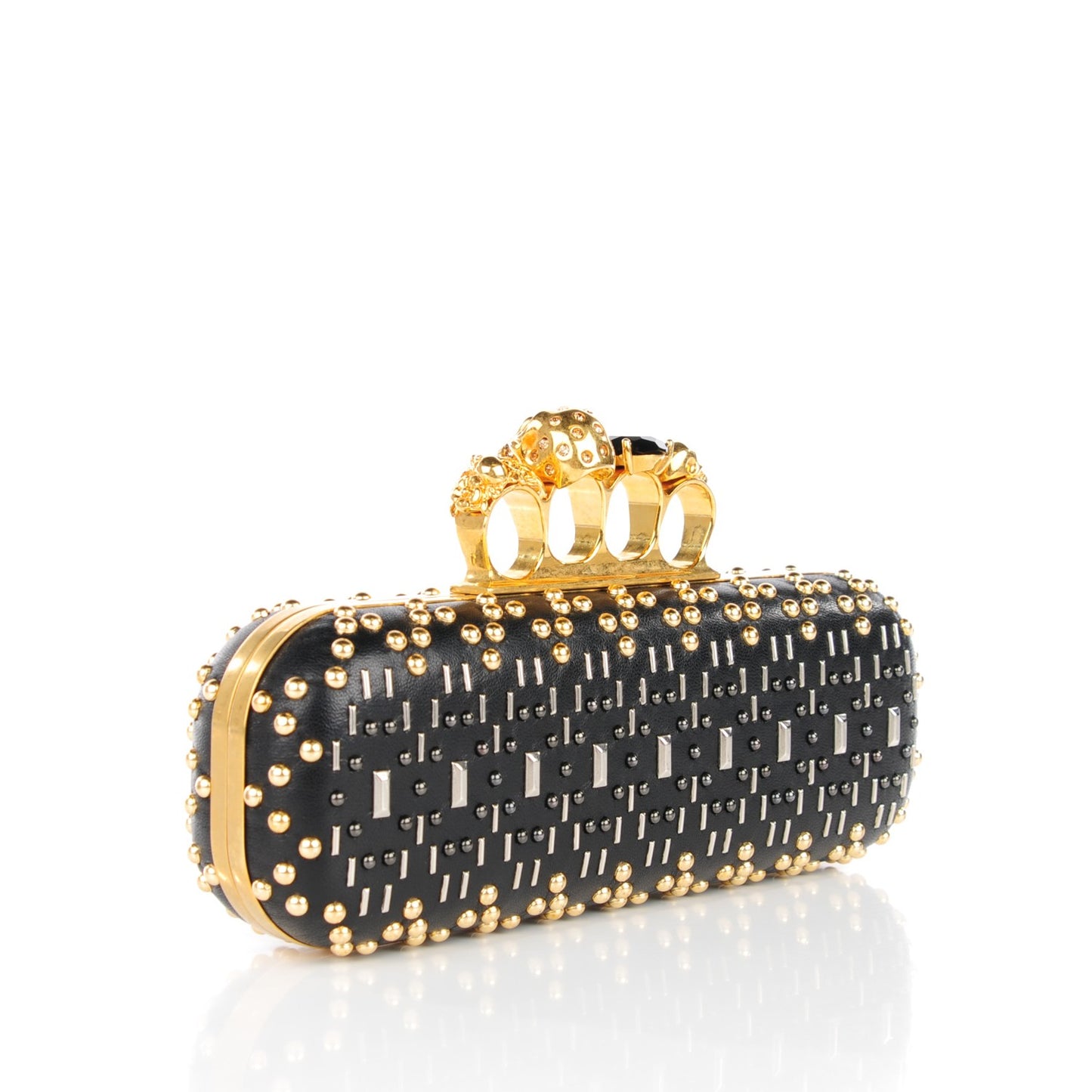Nappa Studded Long Skull Knuckle Box Clutch Black