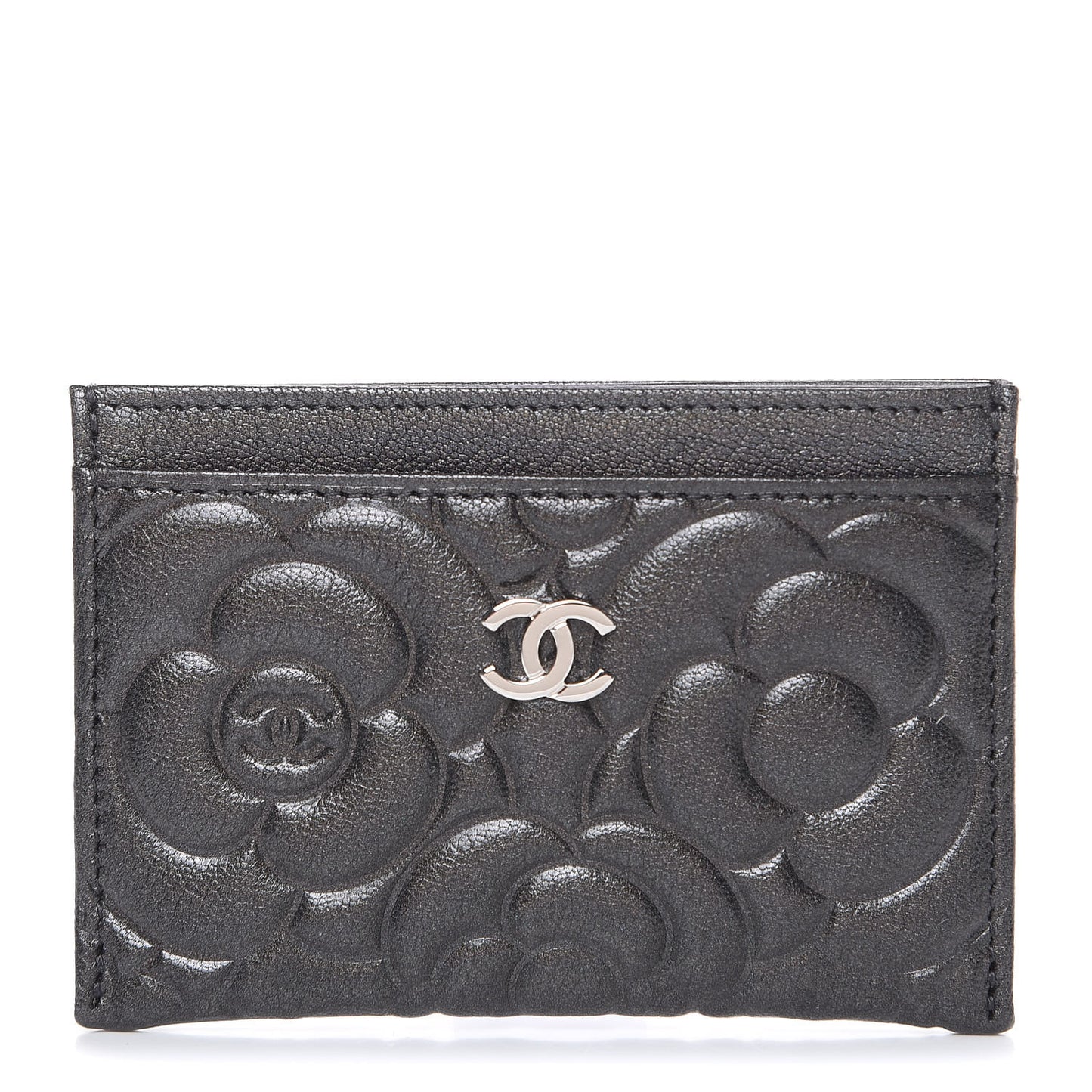 Goatskin Camellia Embossed Card Holder Grey