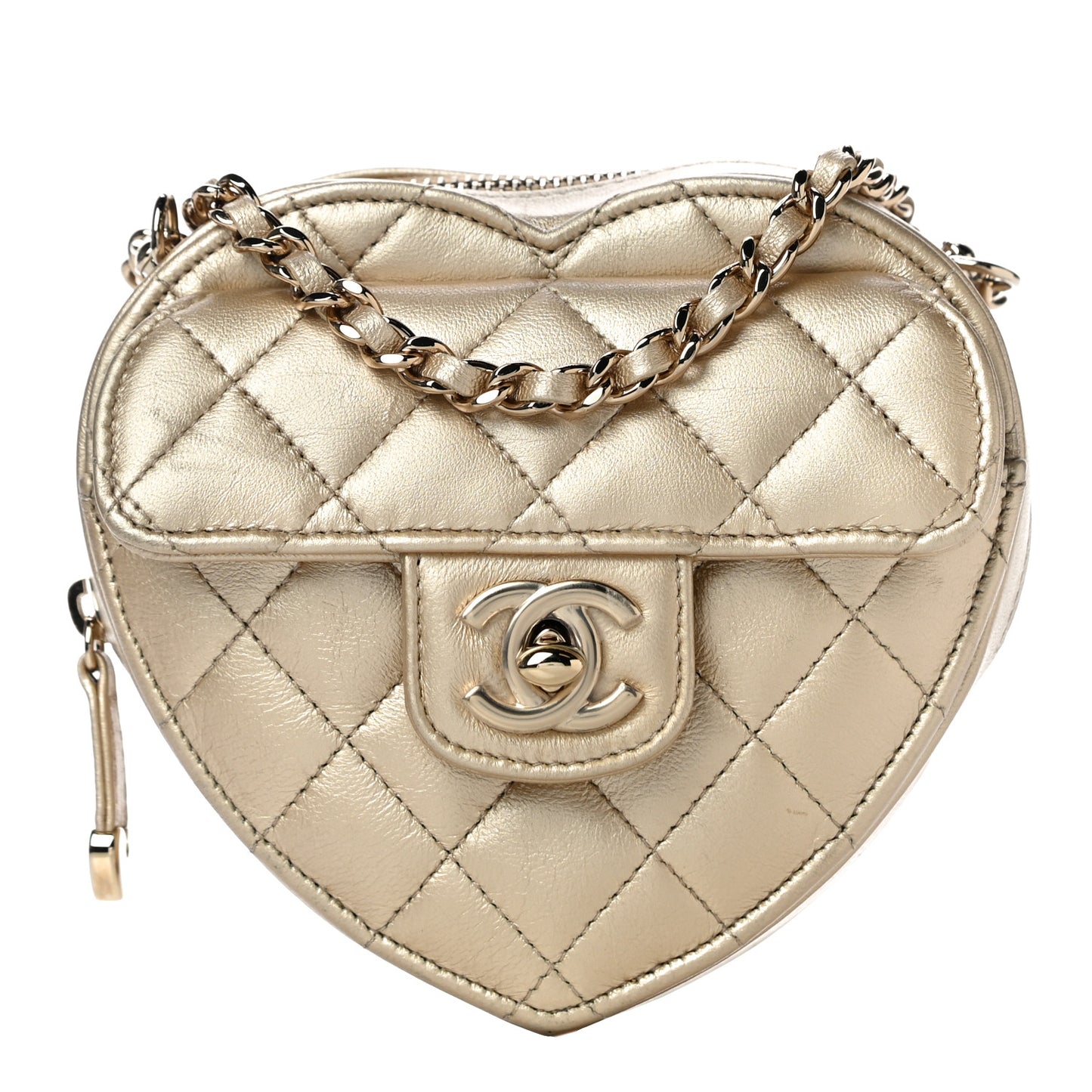 Metallic Lambskin Quilted CC In Love Heart Clutch With Chain Gold
