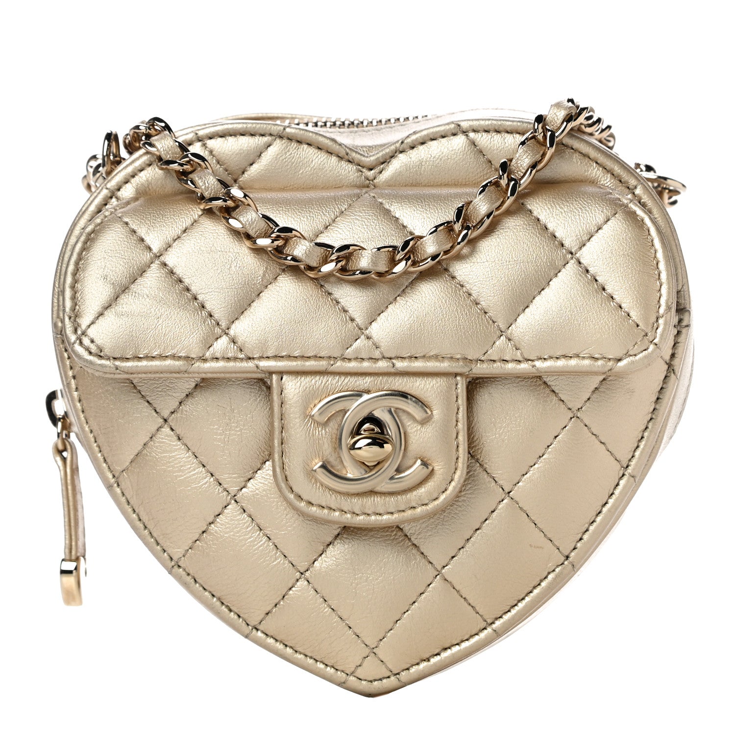 Chanel Metallic Lambskin Quilted CC In Love Heart Clutch With Chain Gold 1 of 10