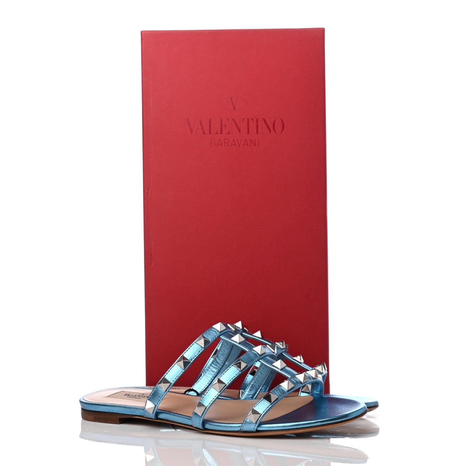 Valentino Garavani Metallic Nappa Rockstud Caged Flat Slide Sandals 35 Cerulean 10 of 10