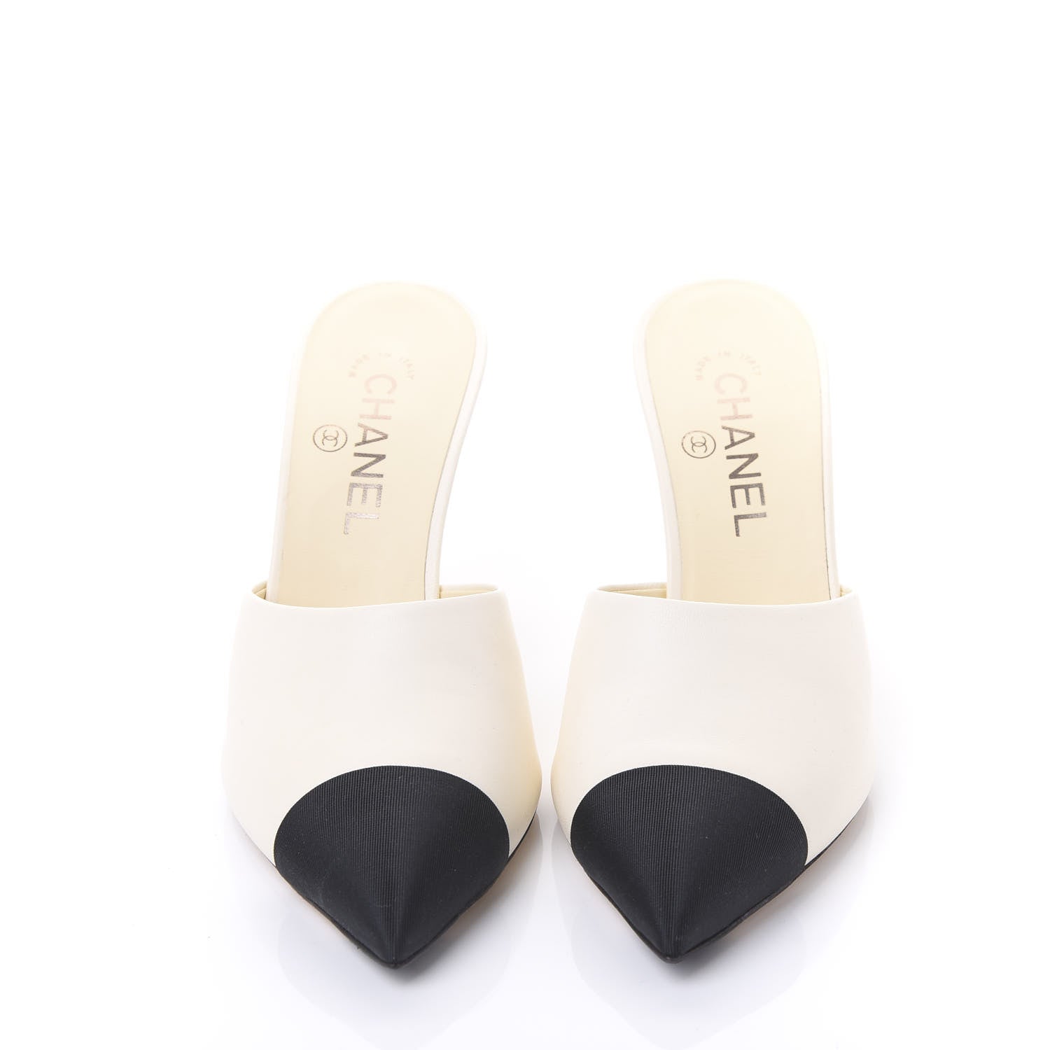 Chanel Goatskin Grosgrain Cap Toe Snake Pearl Mule 38.5 Beige Black 2 of 8