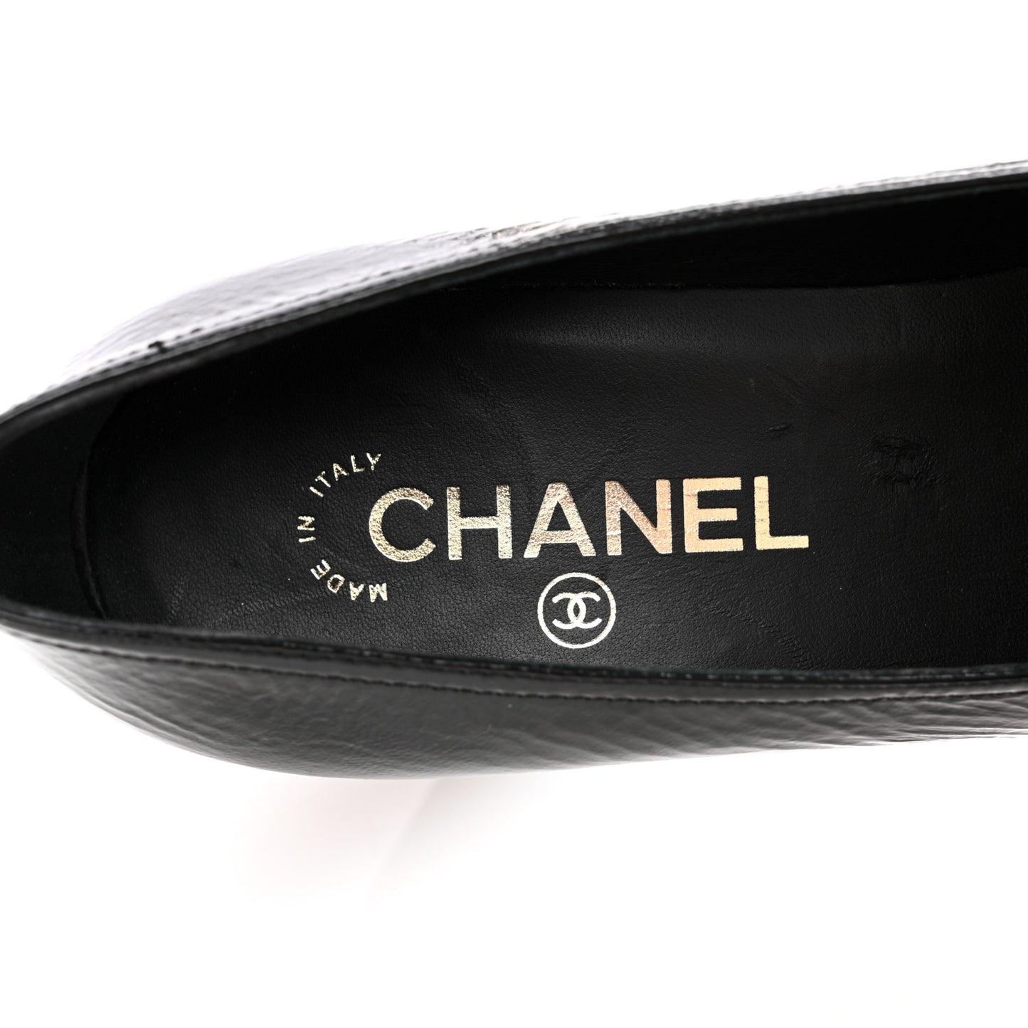 Patent Calfskin Crystal Cap Toe Logo Pumps 38 Black