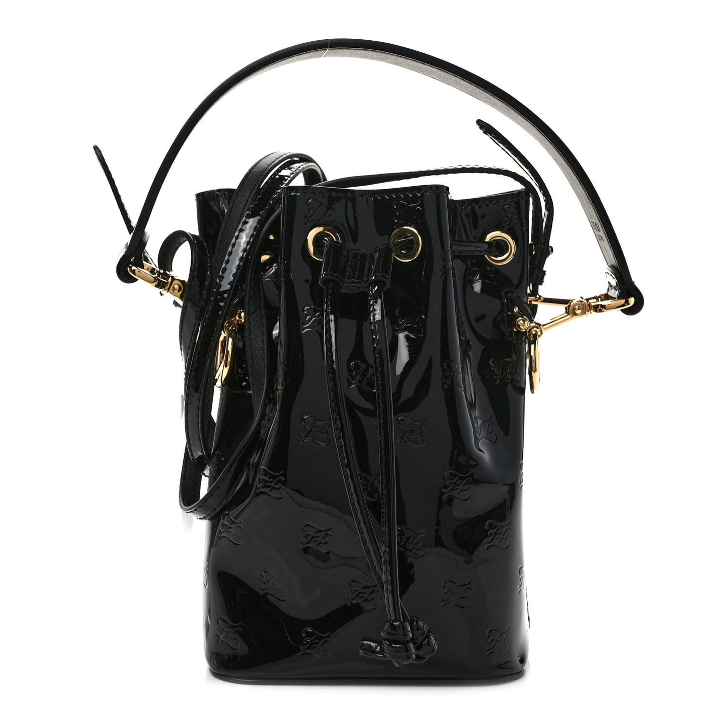 Vitello Vernice Mou F is Fendi Karligraphy Embossed Mini Mon Tresor Bucket Bag Black