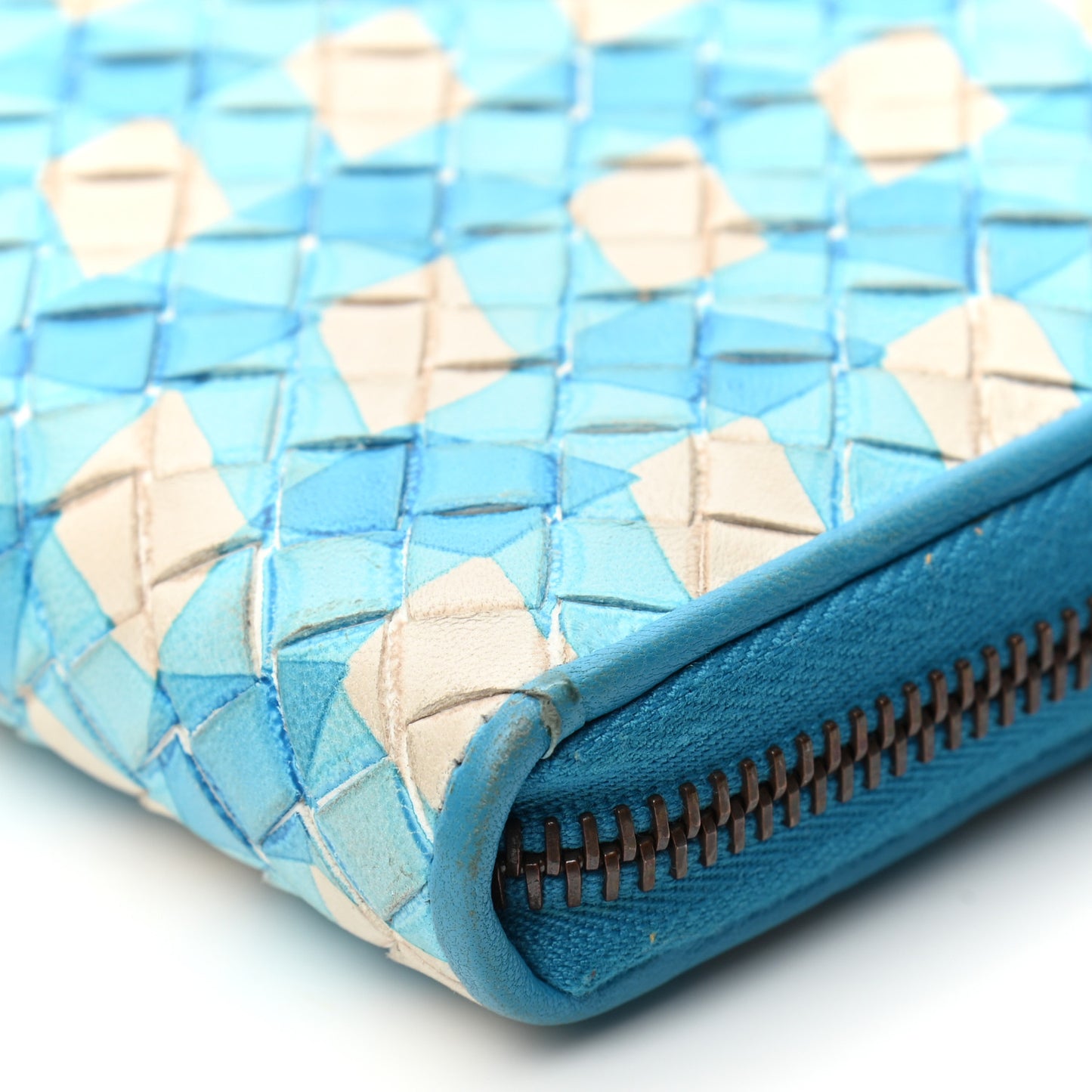Nappa Intrecciato Zip Around Wallet Blue White