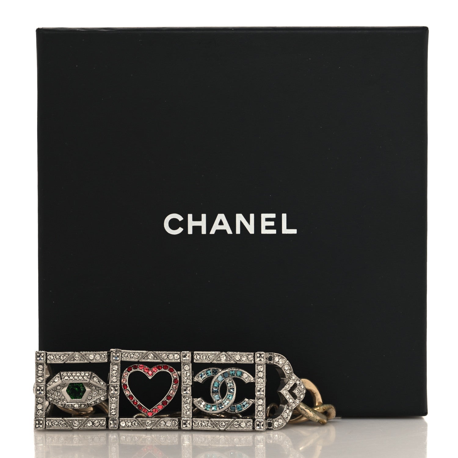 Chanel Baguette Crystal Eye Heart CC Bracelet Silver Multicolor 5 of 5