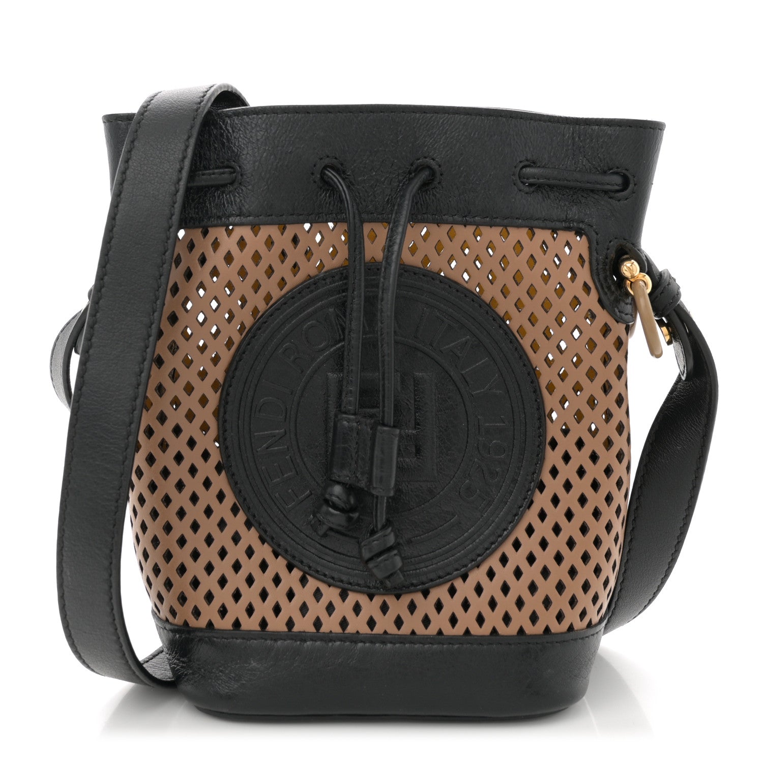 Fendi Vitello Liberty Glossy Lambskin F is Fendi Perforated Mini Mon Tresor Bucket Bag Sand Mimosa Black 1 of 10