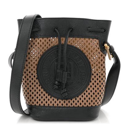 Fendi Vitello Liberty Glossy Lambskin F is Fendi Perforated Mini Mon Tresor Bucket Bag Sand Mimosa Black 1 of 10