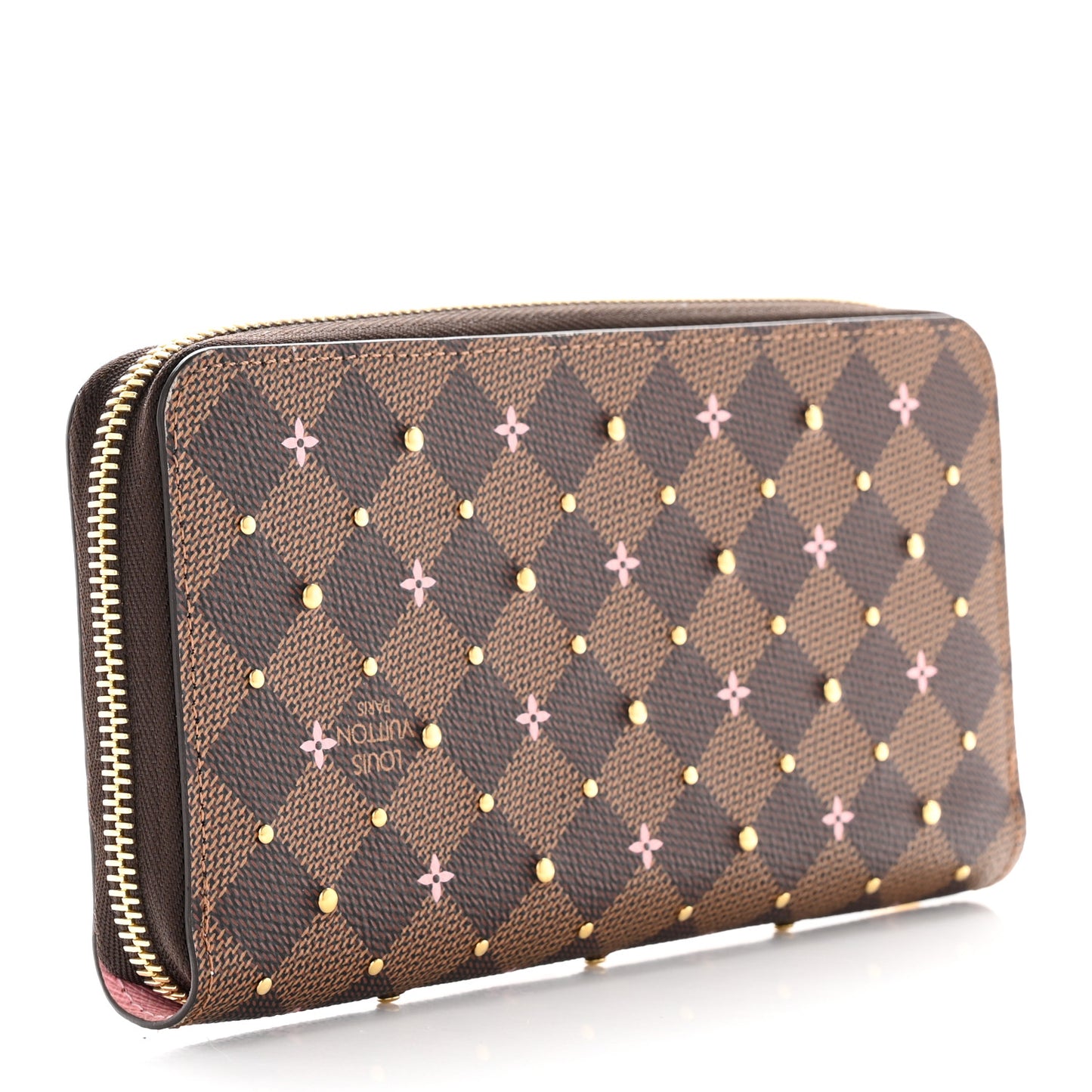 Damier Ebene Studded Zippy Wallet Rose Ballerine