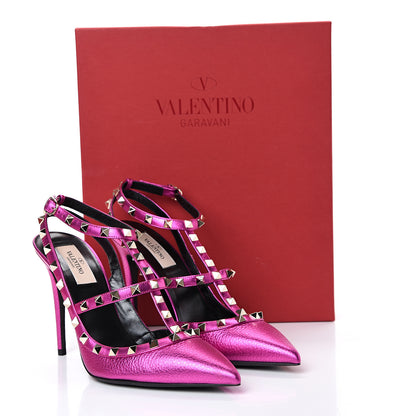 Valentino Garavani Metallic Pebbled Calfskin Rockstud Ankle Strap Pumps 40.5 Peony 10 of 10