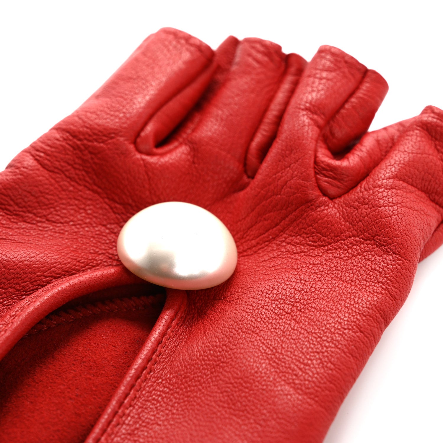 Chanel Lambskin Pearl Fingerless CC Gloves 7 Red 8 of 9