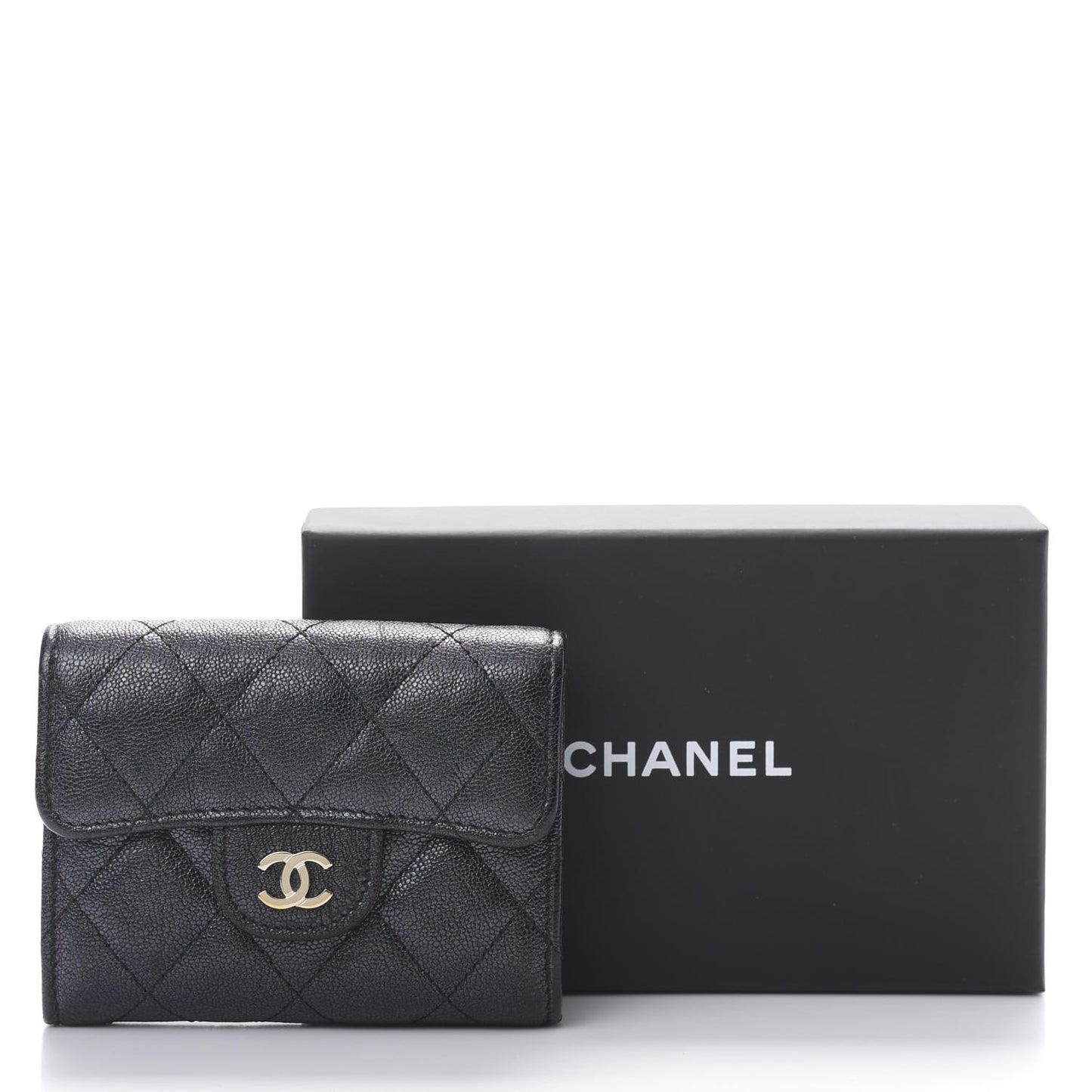 Iridescent Caviar Quilted Flap Card Holder Wallet Black