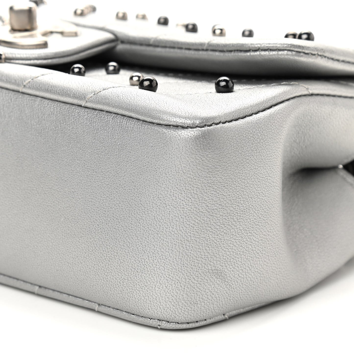 Metallic Lambskin Chevron Quilted Studded Mini Rectangular Flap Silver