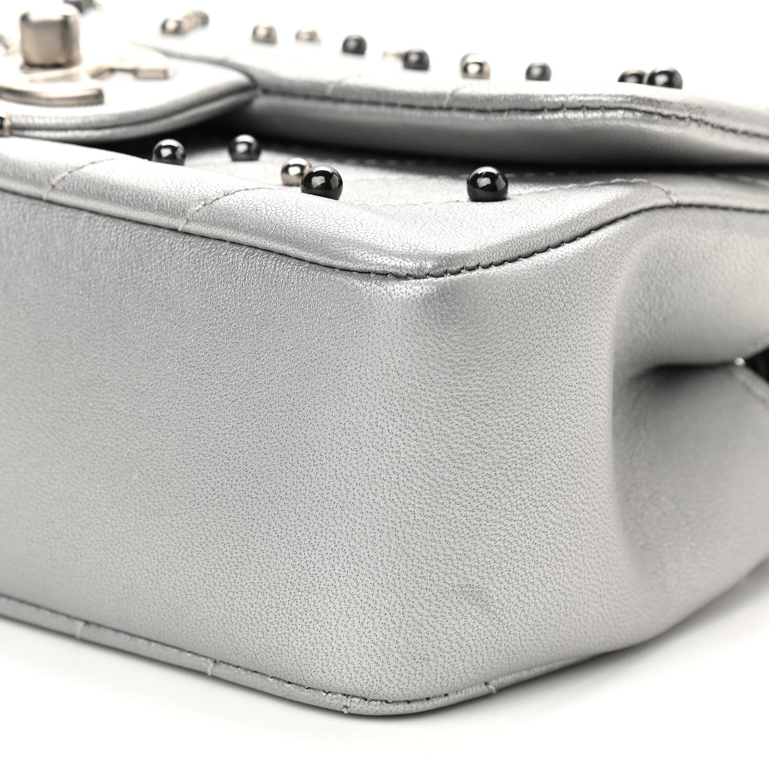 Chanel Metallic Lambskin Chevron Quilted Studded Mini Rectangular Flap Silver 10 of 11