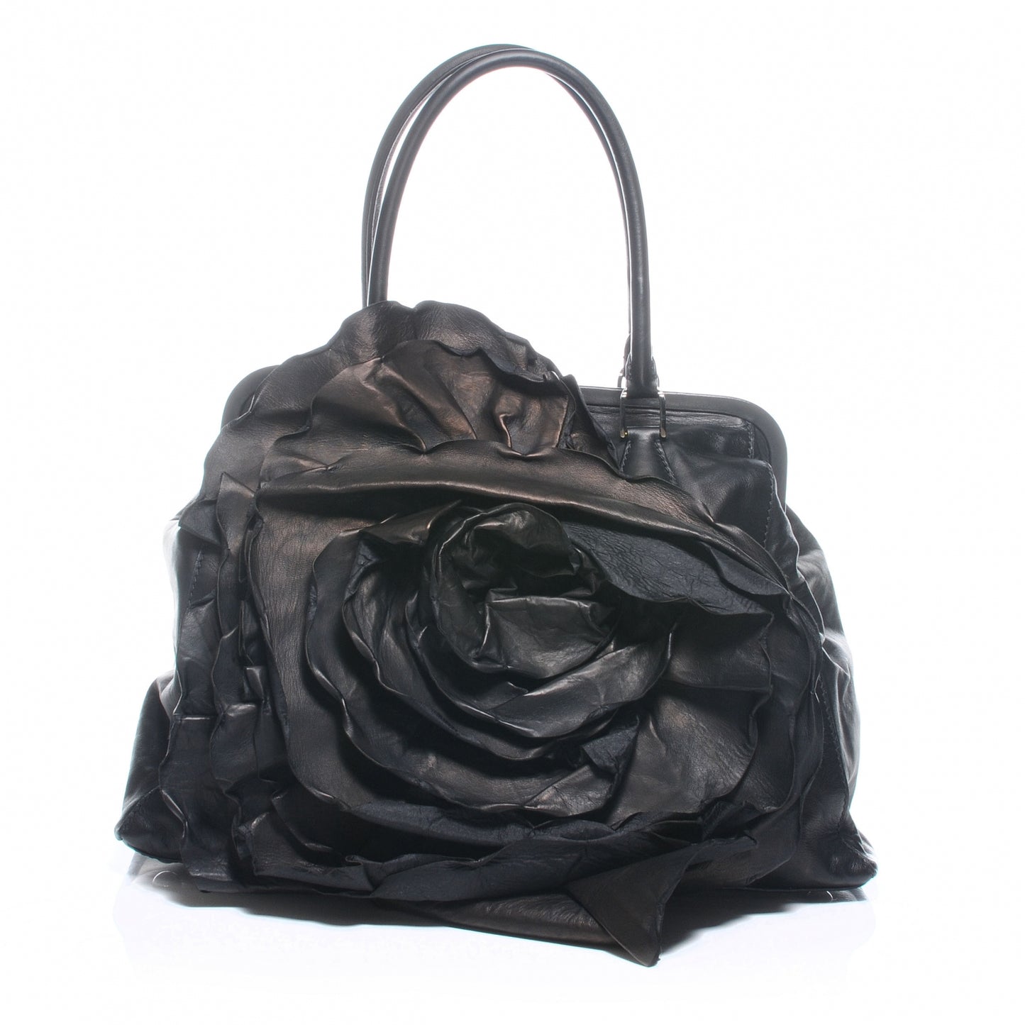 Leather Frame Petale Handbag Black
