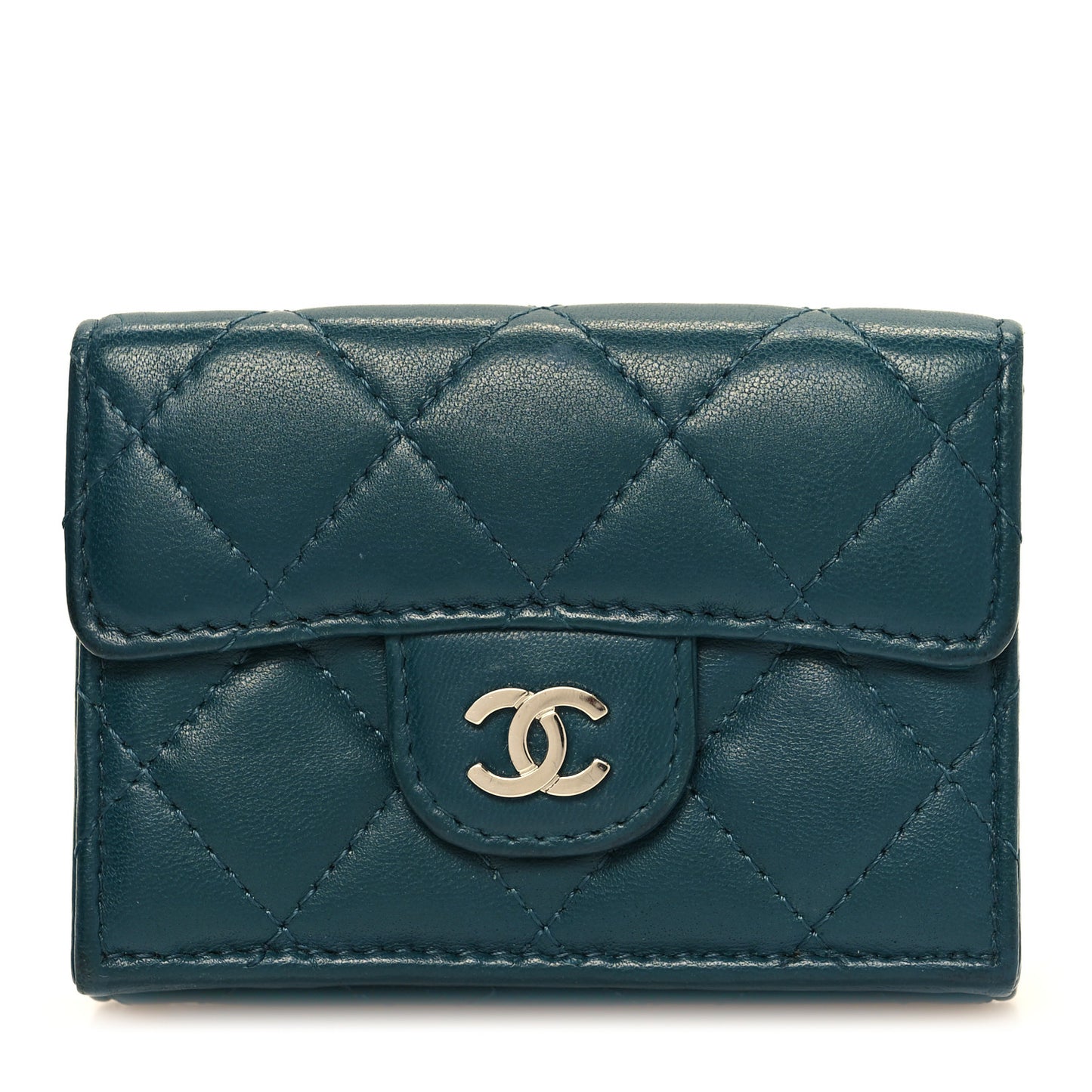 Lambskin Quilted Tri-Fold Flap Wallet Dark Green