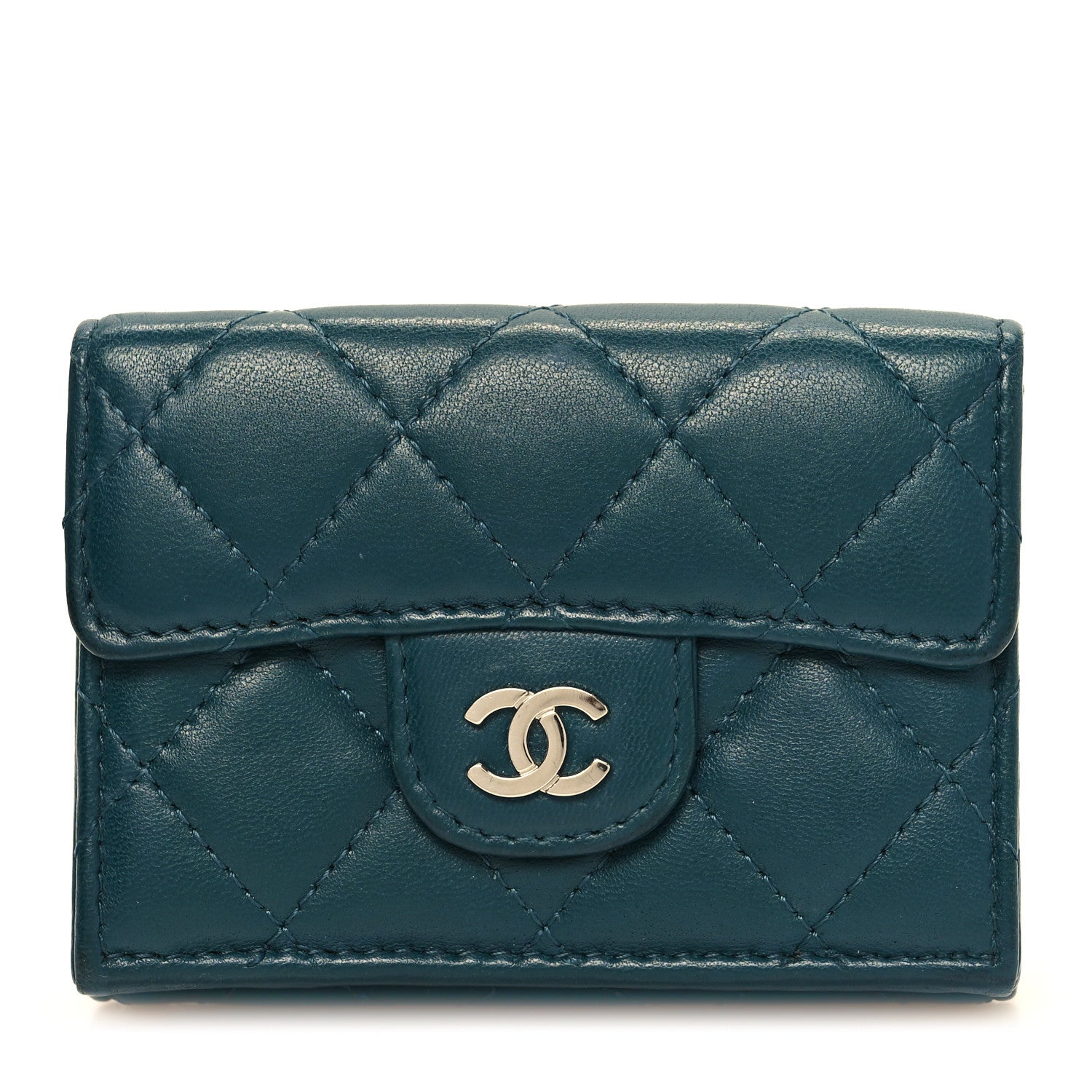 Chanel Lambskin Quilted Tri-Fold Flap Wallet Dark Green 1 of 10