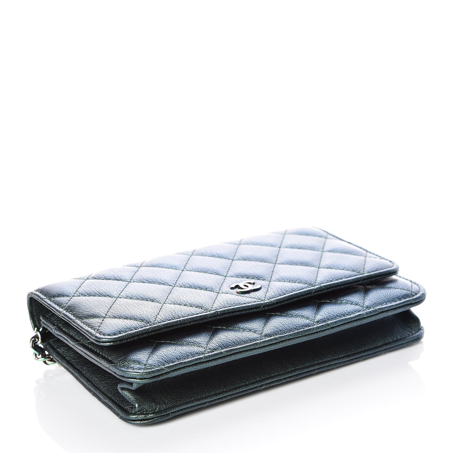 Iridescent Goatskin Quilted Wallet On Chain WOC Green