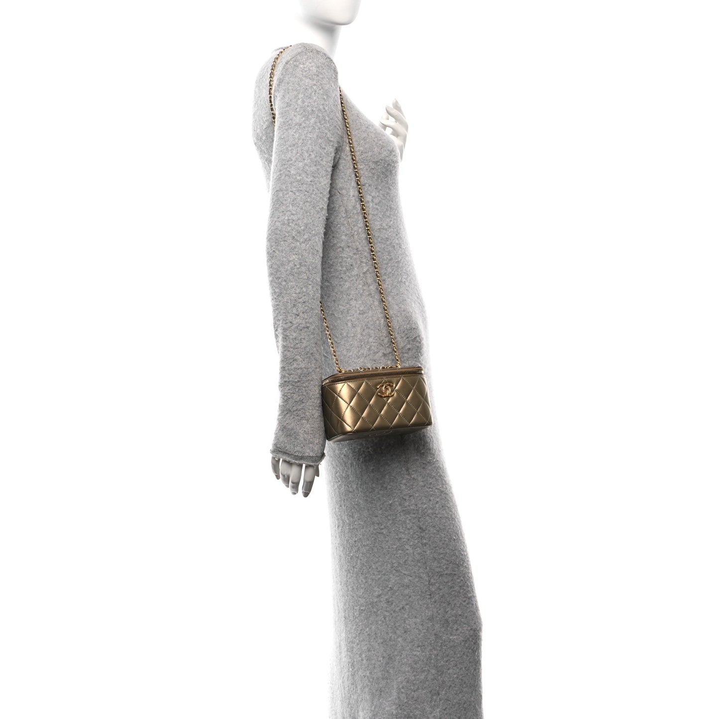 Metallic Lambskin Quilted Small CC Dynasty Vanity Case With Chain Gold