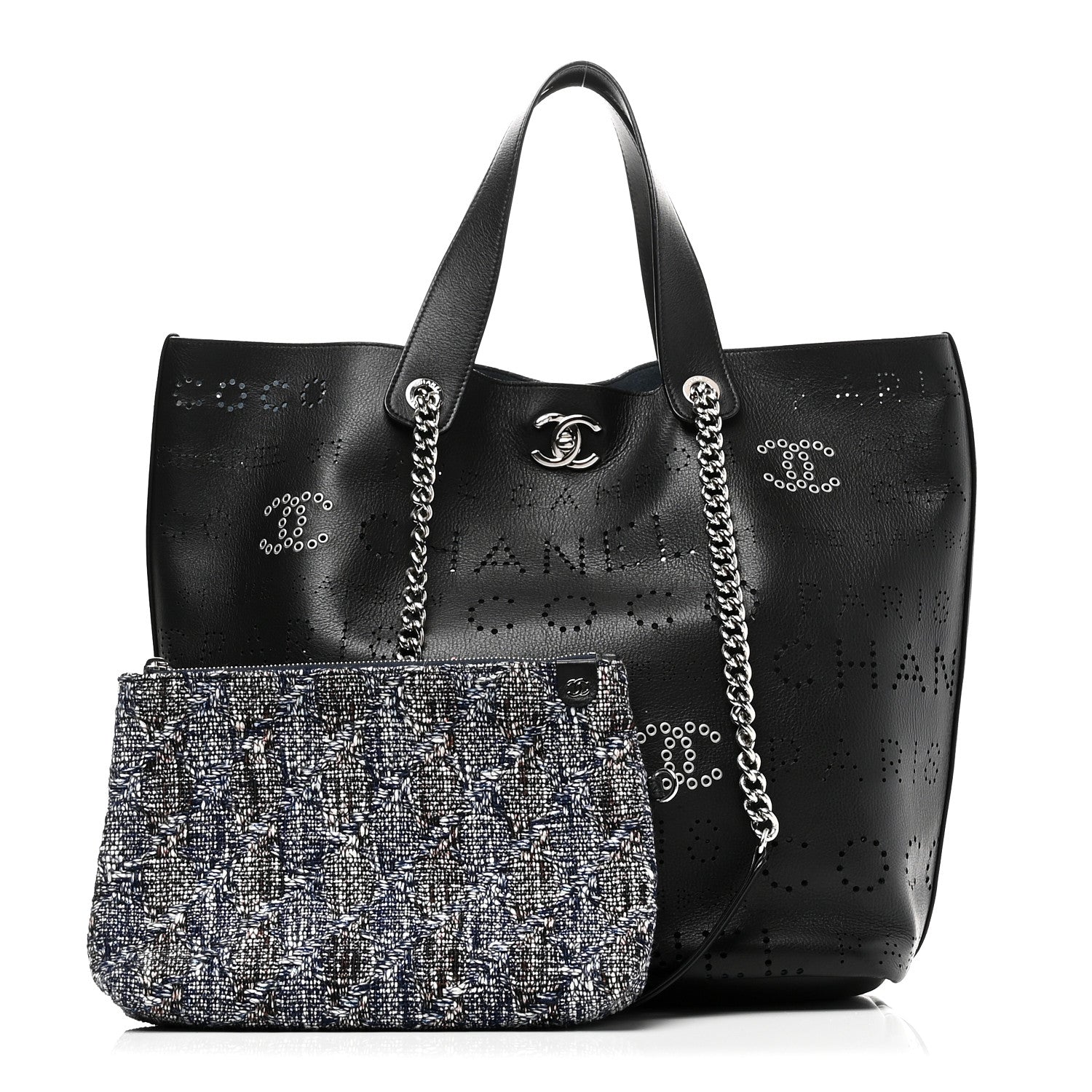 Chanel Calfskin Tweed Small Logo Eyelets Shopping Tote Black 3 of 11