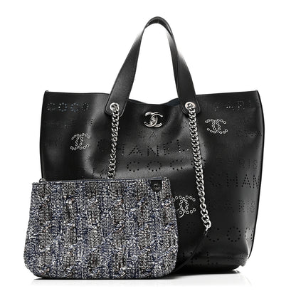 Chanel Calfskin Tweed Small Logo Eyelets Shopping Tote Black 3 of 11