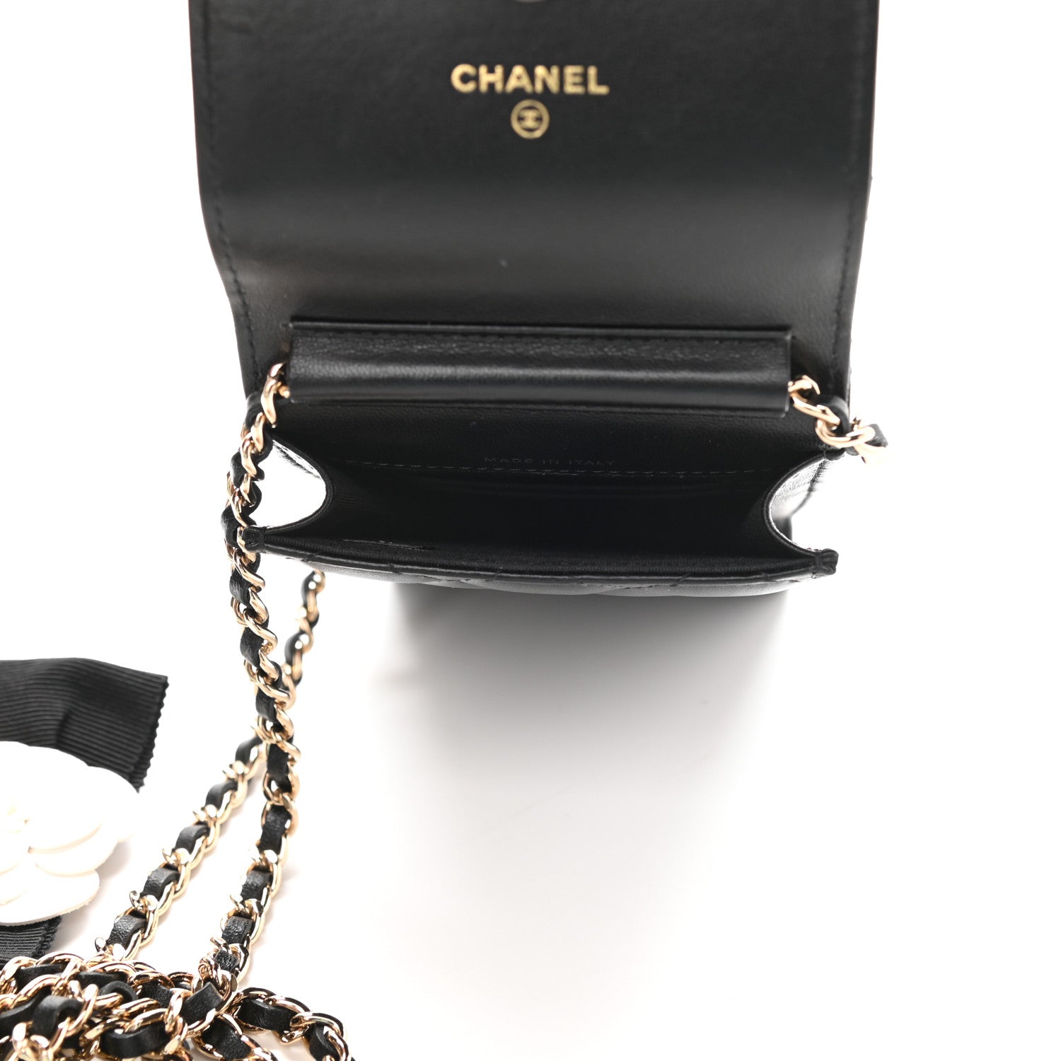 Chanel Lambskin Quilted Mini Camellia Bow Phone Holder Black 5 of 11