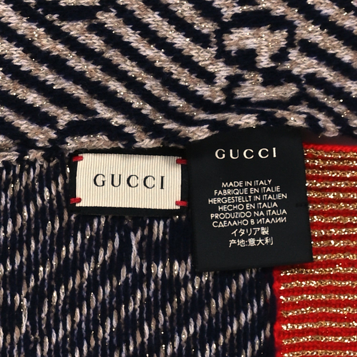 Gucci Wool Lame Jacquard GG Monogram Regy Scarf Black Red 3 of 3