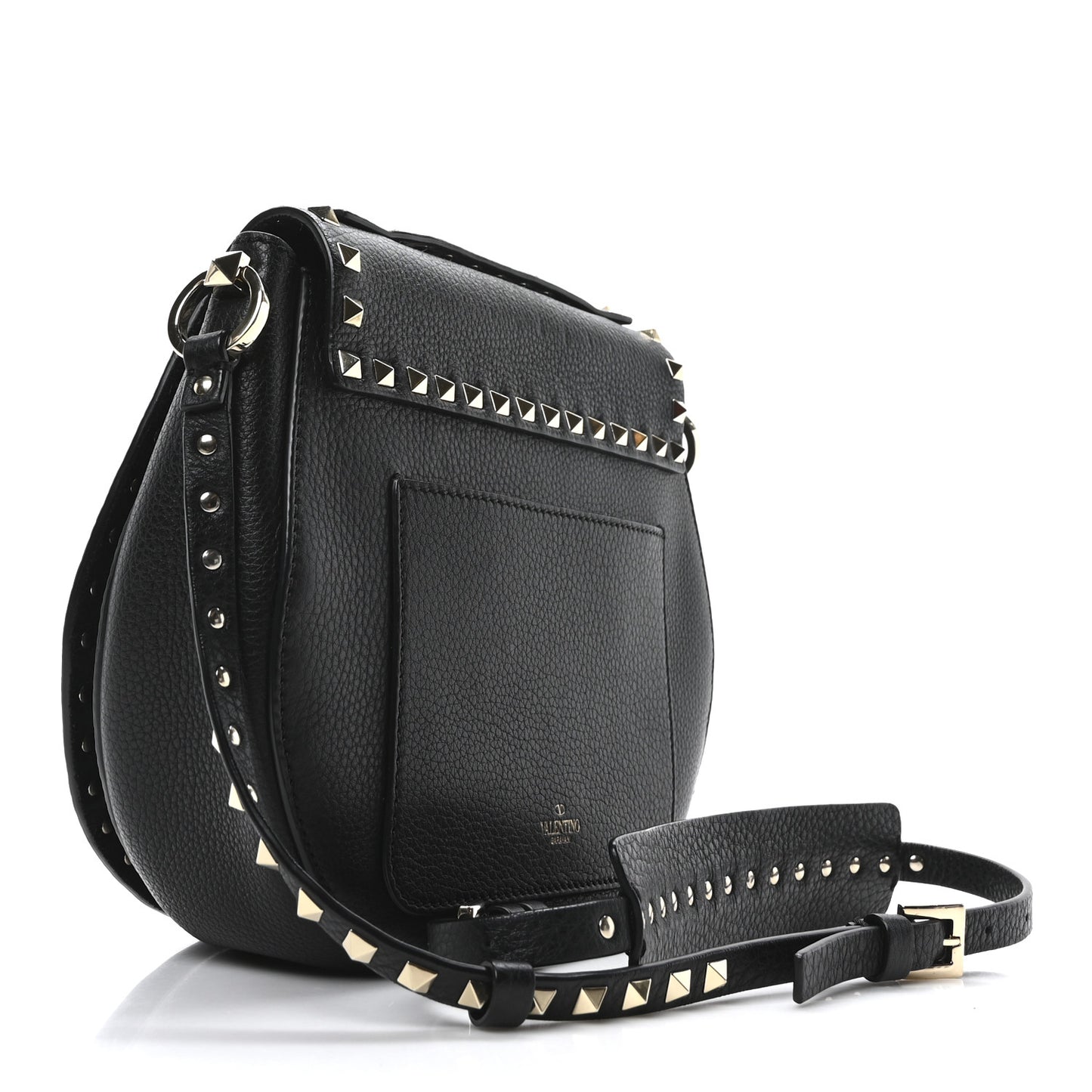 Pebbled Calfskin Rockstud Crossbody Saddle Bag Black