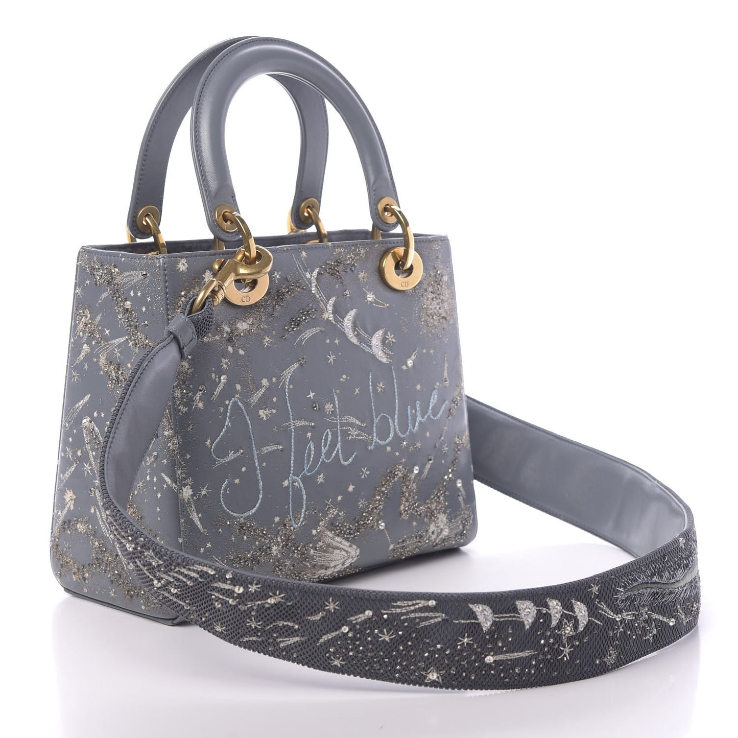Smooth Calfskin Embroidered I Feel Blue Medium Lady Dior
