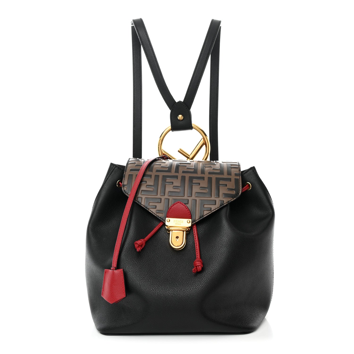 Fendi Vitello Cruise Bi-Color FF 1974 Embossed F is Fendi Drawstring Backpack Black Fragola Maya 1 of 12