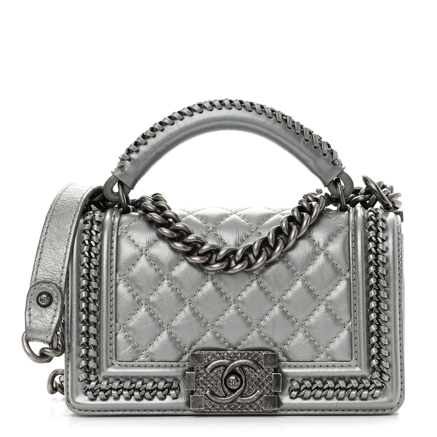 Metallic Aged Calfskin Quilted Small Top Handle Boy Flap Silver