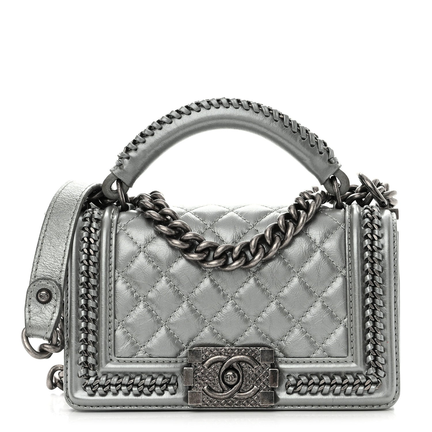 Chanel Metallic Aged Calfskin Quilted Small Top Handle Boy Flap Silver 1 of 12