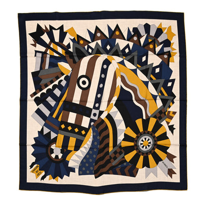 Hermes Cashmere Silk Cheval De Fete Shawl 140 Naturel Marine Moutarde 1 of 6
