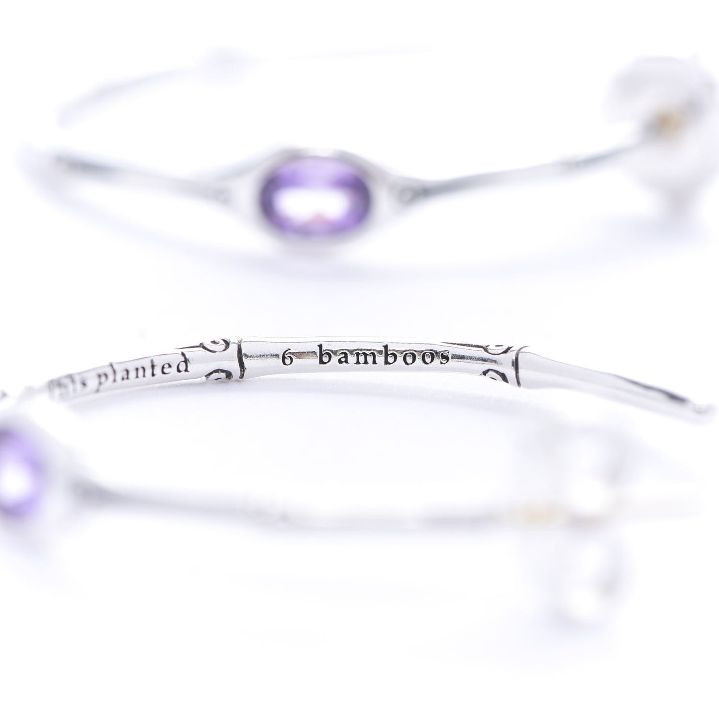 Sterling Silver Amethyst Bamboo Hoop Earrings