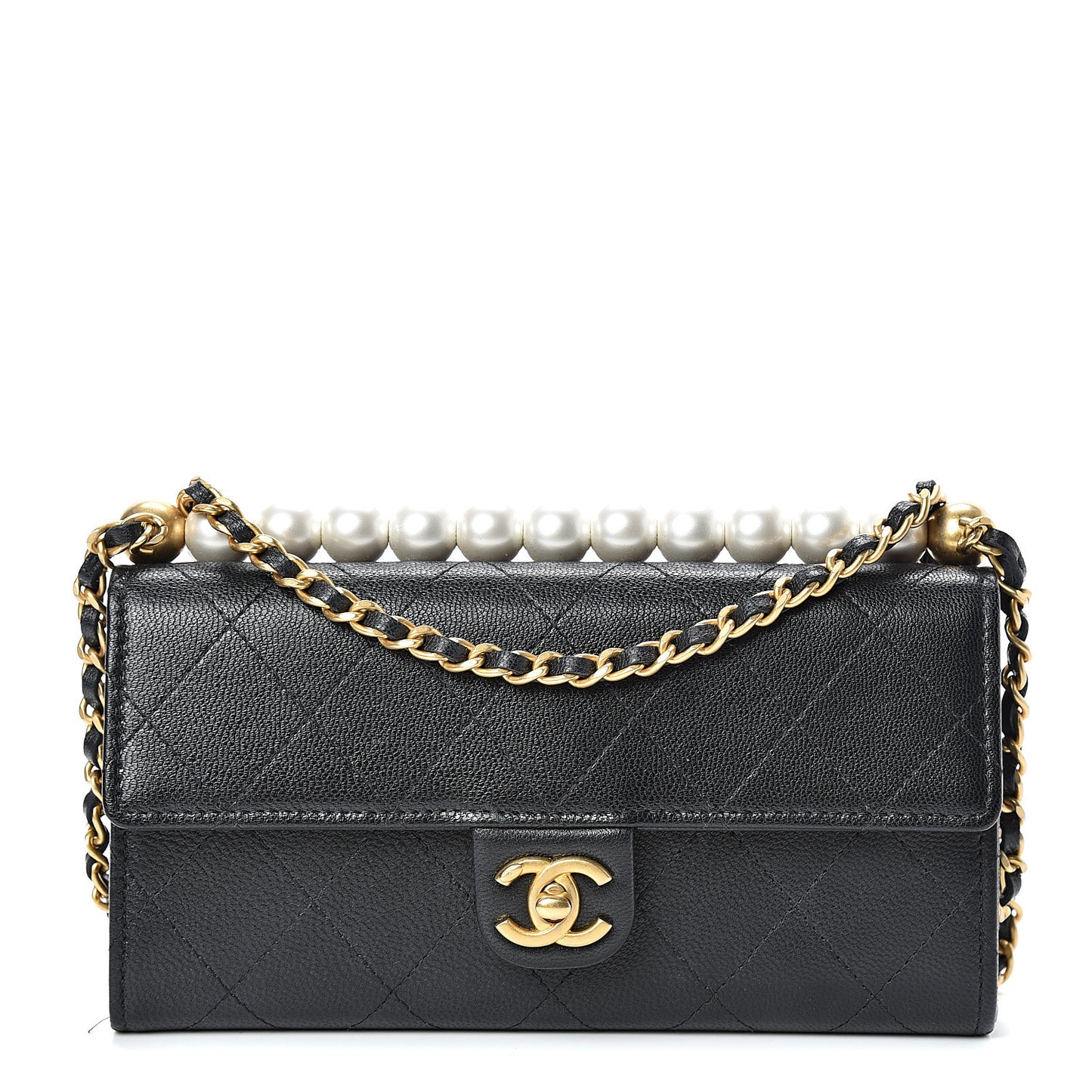 Goatskin Quilted Chic Pearls Clutch With Chain Black