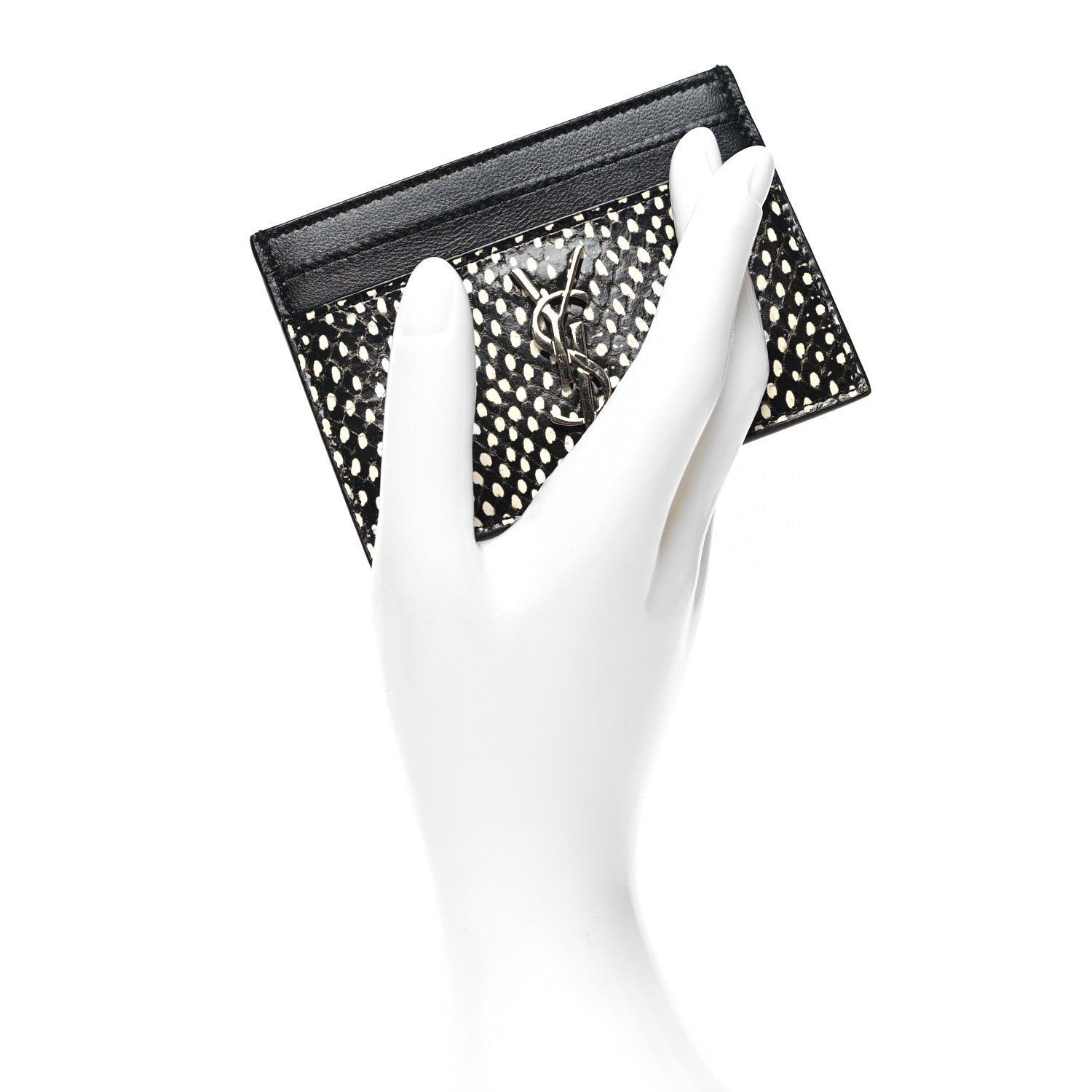 Saint Laurent Calfskin Lambskin Snakeskin Embossed Monogram Credit Card Case Black White 2 of 9