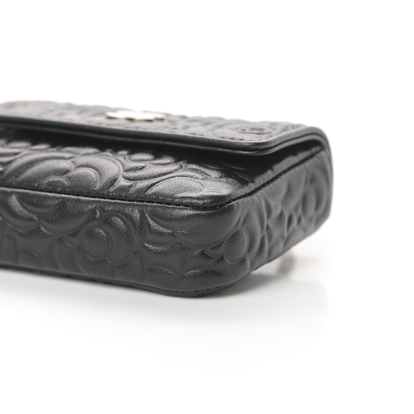 Lambskin Camellia Embossed Chain Belt Bag Black