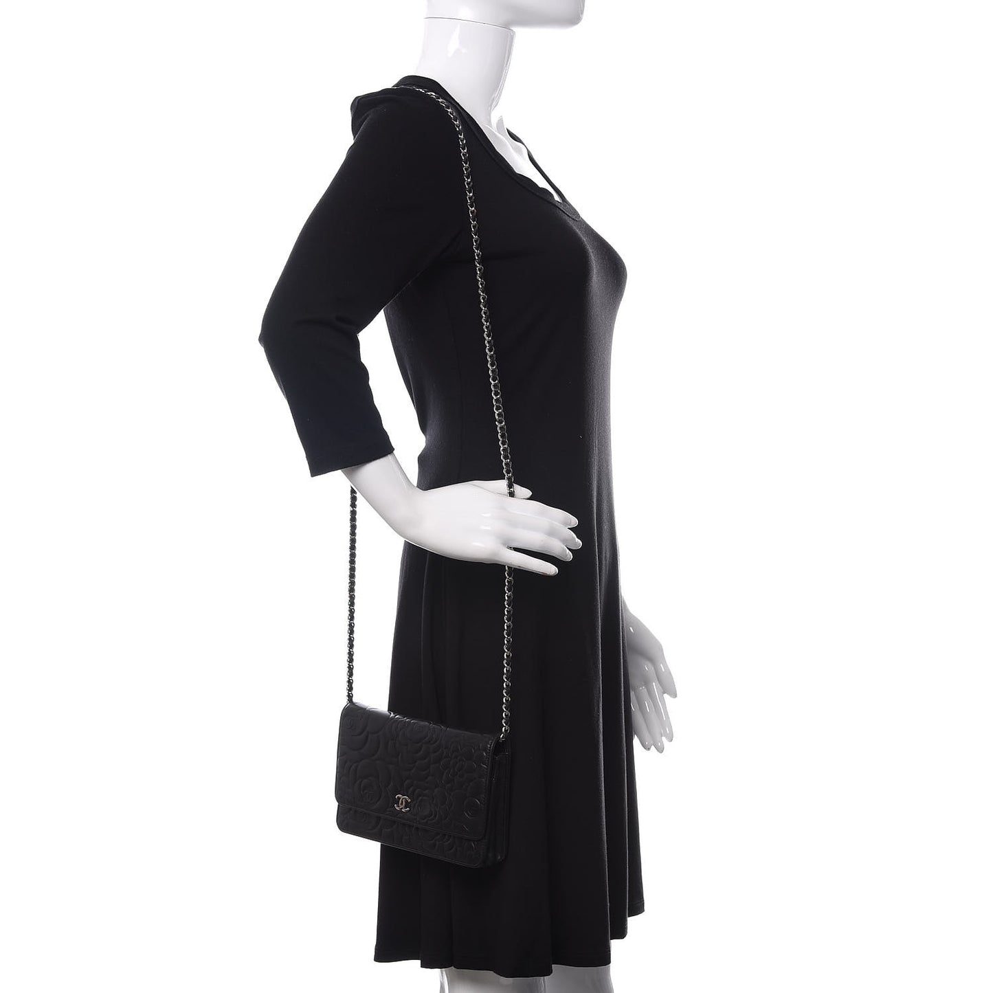 Lambskin Camellia Embossed Wallet on Chain WOC Black