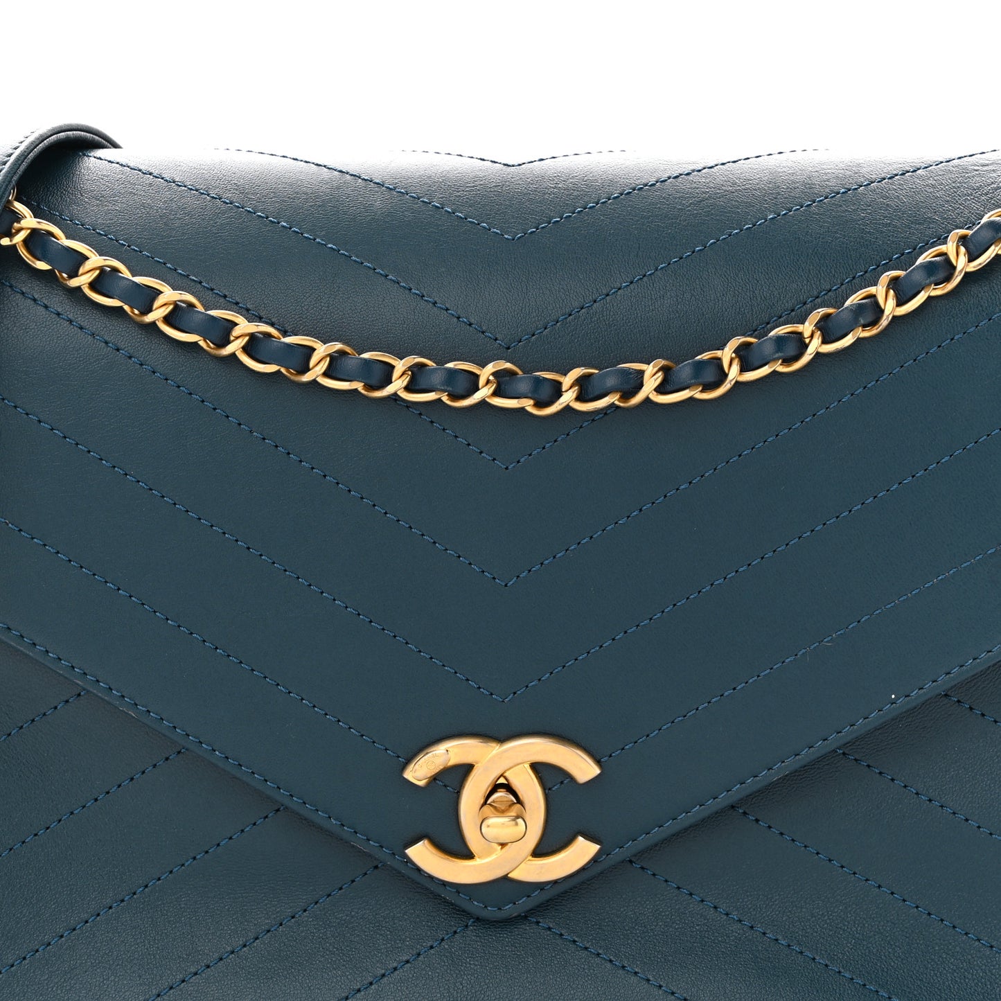 Lambskin Chevron Stitched Large Envelope Flap Blue