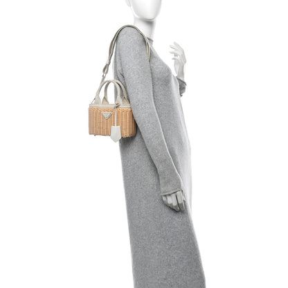 Prada Wicker Canvas Mini Tote Tan White 2 of 10