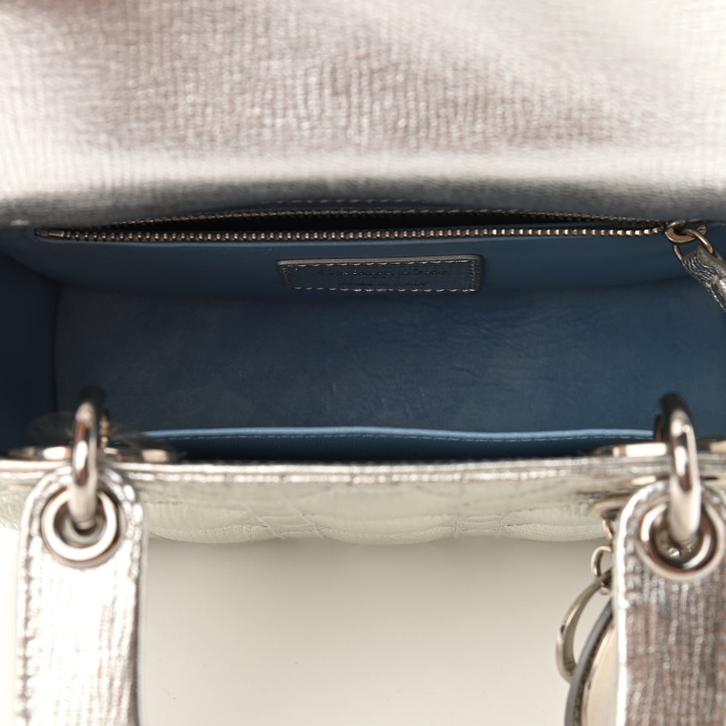 Metallic Grained Calfskin Cannage Small Lucky Badges My Lady Dior Silver