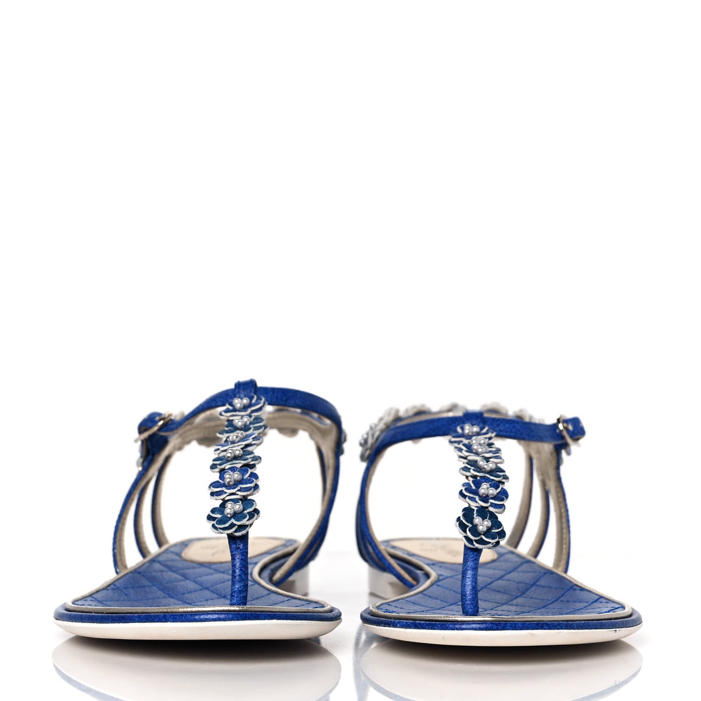 Goatskin Pearl Camellia Thong Sandals 39.5 Dark Blue
