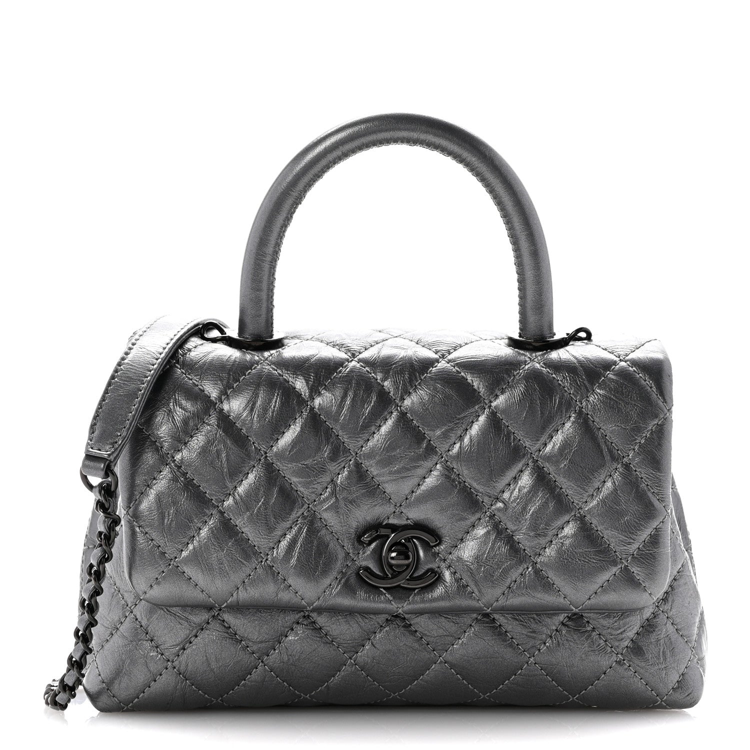 Chanel Metallic Aged Calfskin Quilted Mini Coco Handle Flap Silver