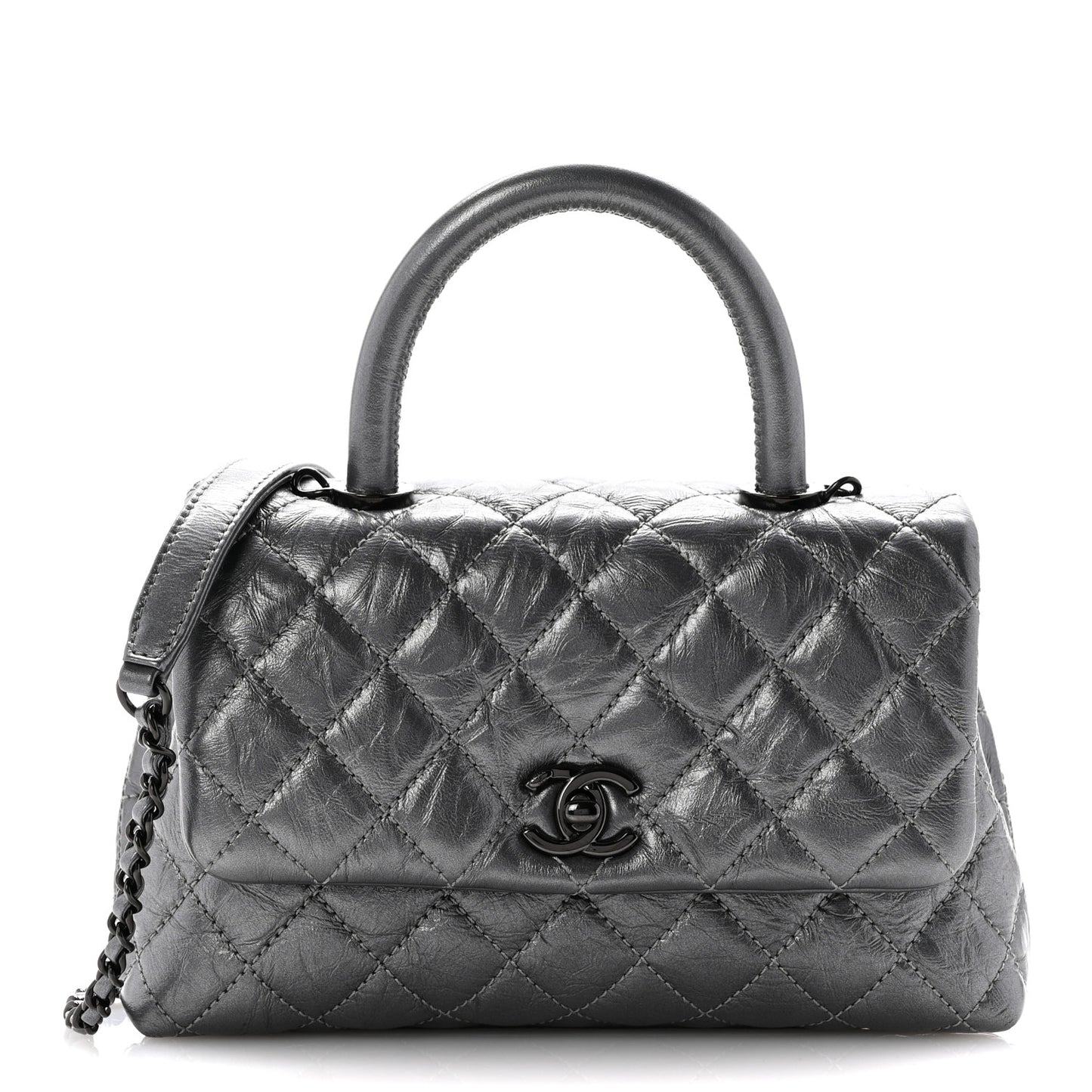 Metallic Aged Calfskin Quilted Mini Coco Handle Flap Silver