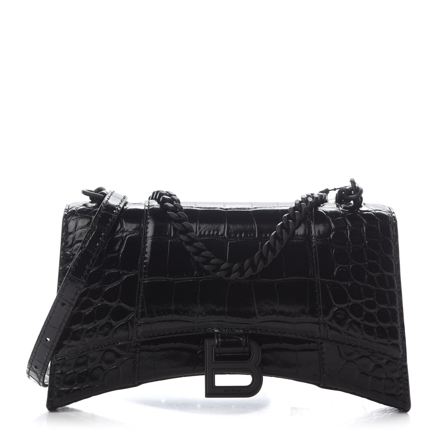 Shiny Calfskin Monochrome Crocodile Embossed Hourglass Chain Bag XS Black