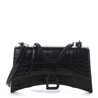 Balenciaga Shiny Calfskin Monochrome Crocodile Embossed Hourglass Chain Bag XS Black 1 of 10