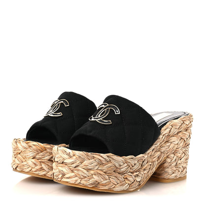 Chanel Canvas Raffia Wedge Sandals 35 Black 4 of 10