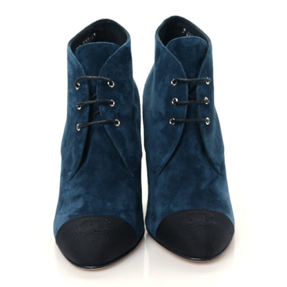 Chanel Suede Grosgrain Pearl Lace Up Booties 37 Dark Blue Black 2 of 8