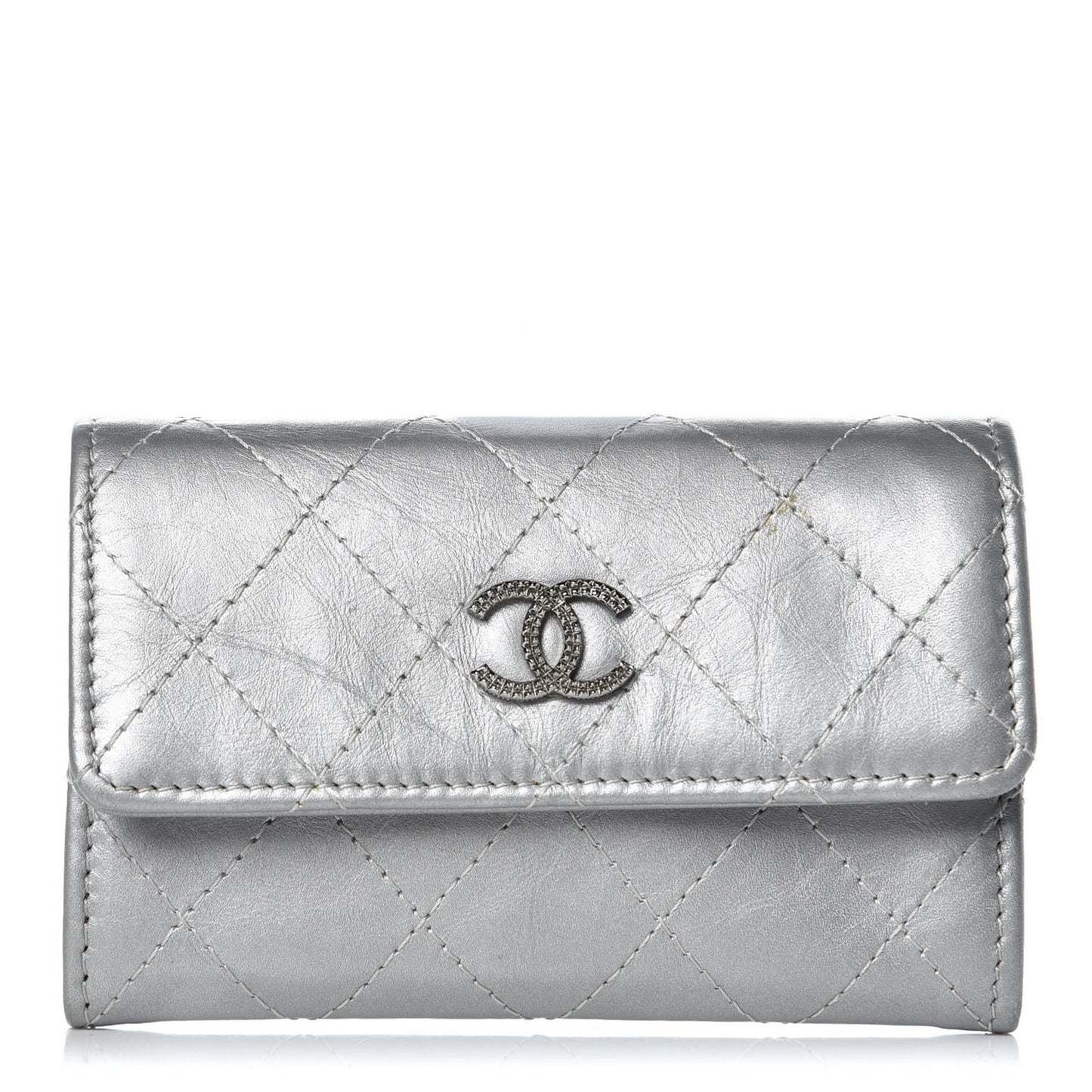 Metallic Calfskin Quilted Palette Card Holder Silver