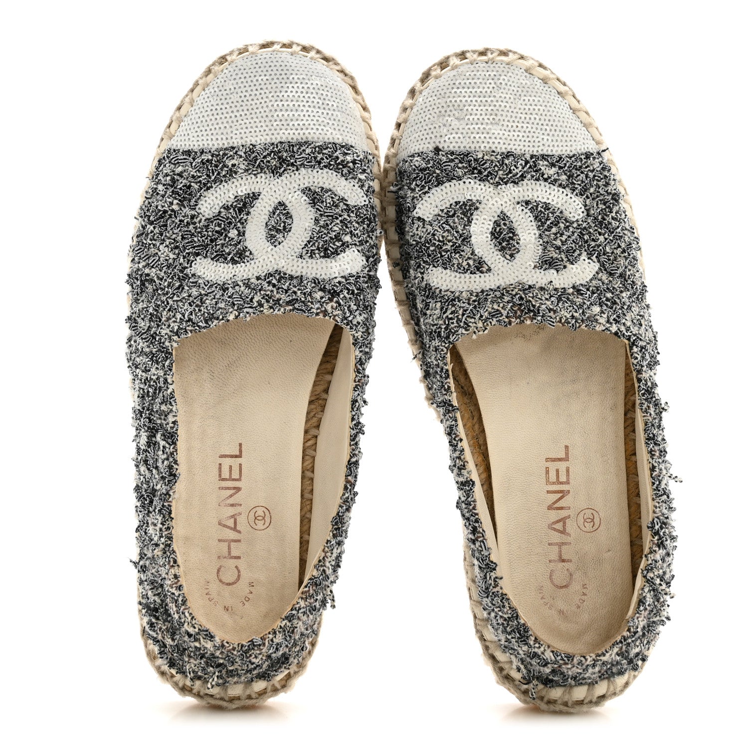 Chanel Tweed Sequin CC Espadrilles 37 Black White 2 of 10